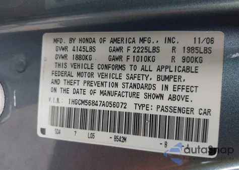 2007 Honda Accord 2.4 Ex from USA, damaged, VIN 1HGCM56847A056072